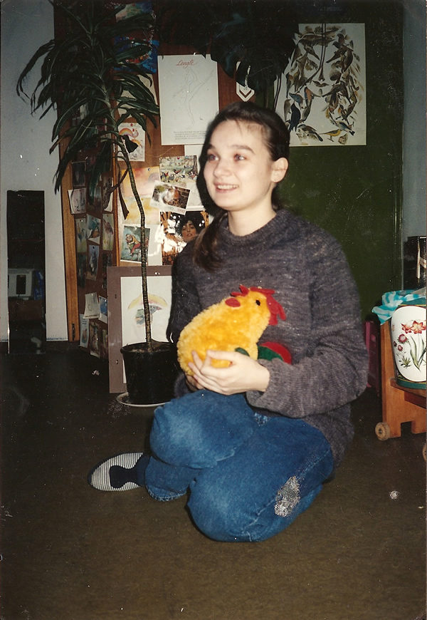 Constantia with cherished, East-Berlin plush rooster